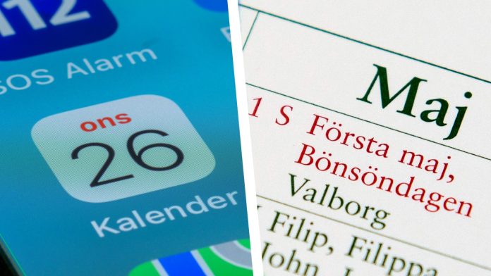 Kalender som visar alla röda dagar 2025, inklusive helgdagar som Nyårsdagen, Första maj och Julafton.