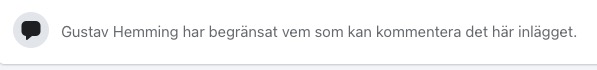 Skärmdump på Gustav Hemmings offentliga sida på Facebook. Kommentarsfunktionen verkar ha inaktiverats. Nu står det: ”Gustav Hemming har begränsat vem som kan kommentera det här inlägget.”