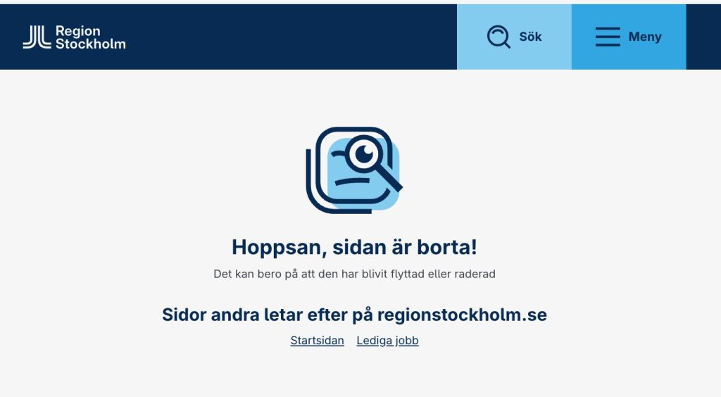 Skärmdump på Gustav Hemmings sida på Region Stockholms hemsida. Nu står det ”Hoppsan, sidan är borta!”