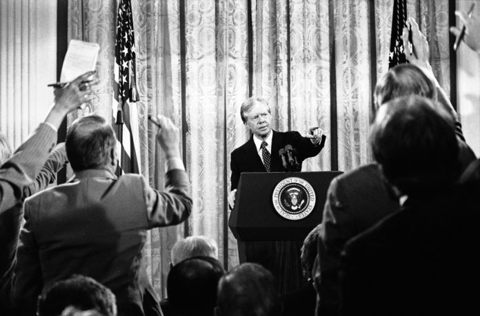 USA:s dåvarande president Jimmy Carter vid en pressträff i Vita huset i april 1980. Arkivbild.