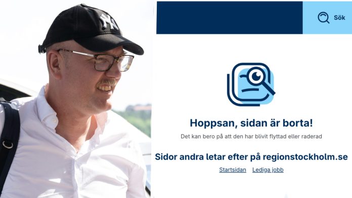 Bild på Gustav Hemming från Centerpartiet och skärmdump från Region Stockholms hemsida där det står: ”Hoppsan, sidan är borta!”.