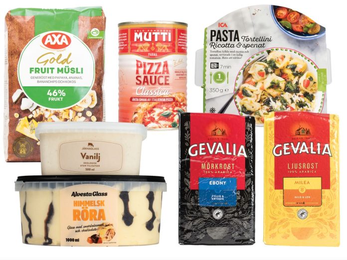 Kaffe, müsli, pizzasås, tortellini och glass